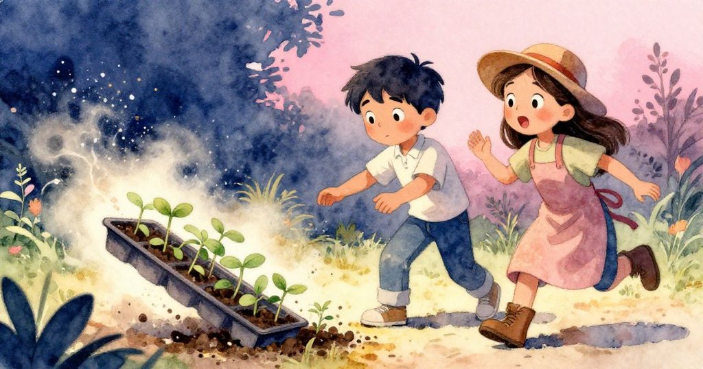 在突如其來節奏中,Milo與Luisa協力穩住傾斜的苗盤,表情驚訝且堅毅,園中輕塵飛揚,動感十足