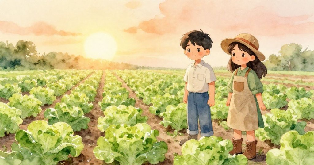 在溫暖光芒下,整齊排列的生菜散發濕潤光澤,Milo和Luisa面帶欣慰微笑,花園中洋溢著努力後平靜與和諧的氛圍