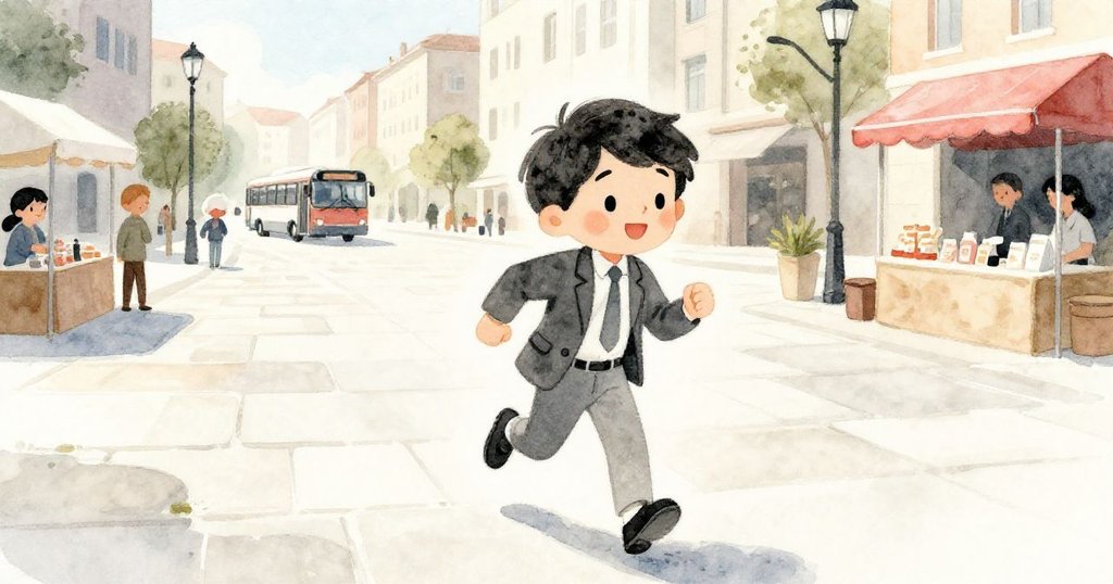 馬可在溫暖陽光下奔向石板廣場,背後有市集與噴泉,臉上充滿決心與活力,城市背景熱鬧