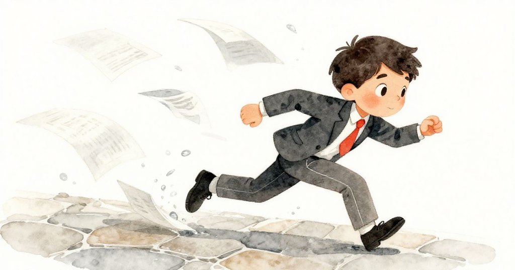 馬可驚訝彎腰追逐被風吹散的素描,雨點灑落於光滑石板上,畫面呈現動感傾斜角度