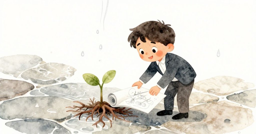 在透明水膜下,馬可輕柔將摺疊素描藏於小樹根旁,水滴在光滑石板上閃爍,畫面充滿靜謐美感