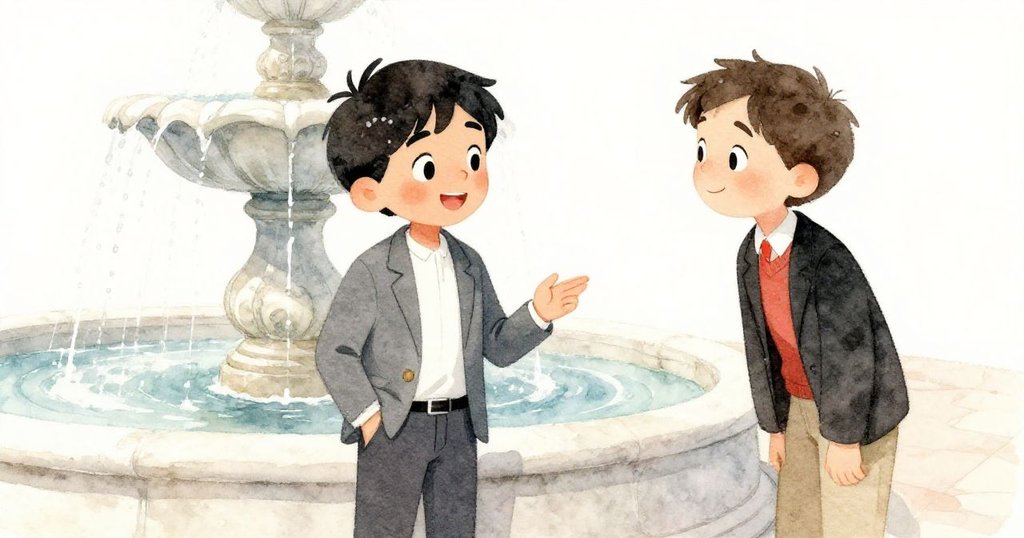 馬可與設計師在老噴泉前開心會面,互送欣慰目光,展現出克服混亂後的喜悅與默契