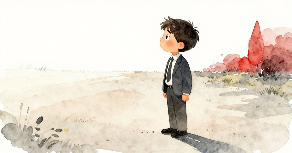 馬可站於開闊道路上,凝視地平線,身姿堅定準備迎向新挑戰,光影柔和映出都市邊緣美景