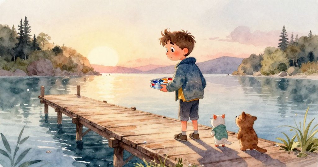 米洛的手輕握鮮亮油漆罐，金屬光澤與晨露水珠在柔和光線中閃耀，細節展現冒險初始情景。