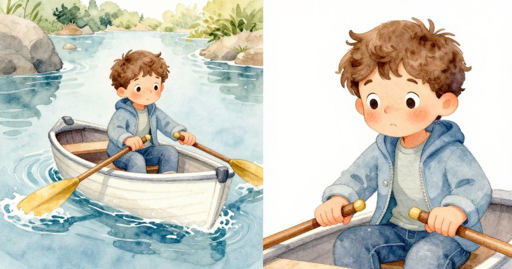 米洛在寧靜海灣駕小艇突遇強風，水花四濺中他奮力調整槳動作，展現專注與勇氣的雙重瞬間。