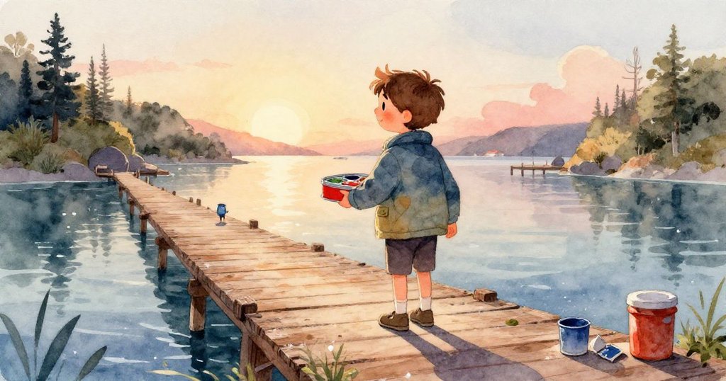 水下視角展現小艇濕潤木板與閃亮水花，柔和光影中隱現海中小生物，營造出神秘寧靜海灣意境。