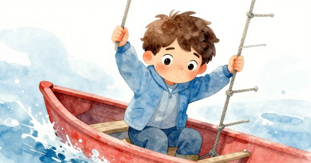 米洛緊抓濕滑繩梯，面露堅定神情，大風中小艇搖晃水花飛濺，定格住勇敢而緊湊的瞬間。