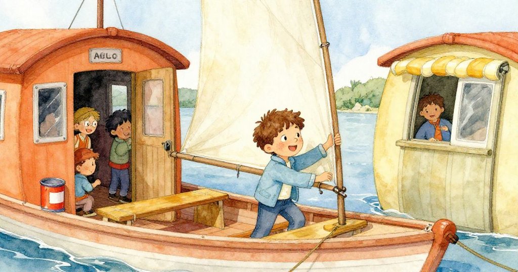 米洛滿臉喜悅鋪展帆布遮蓋甲板，細心擺放油漆罐，背景船員緩緩登船，展現任務圓滿解決情景。