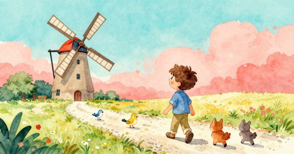 馬克從碎石路邁向孤獨風車，路旁飛舞小鳥環繞，神情充滿期待與冒險，戶外風光明亮溫暖。