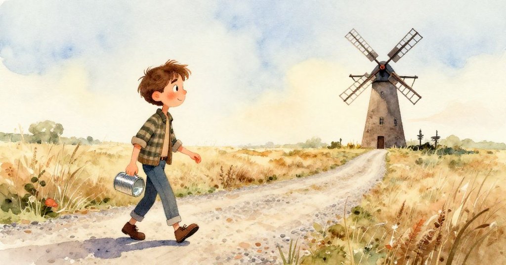 馬克從第一人稱視角凝望石井中下墜的水桶，木平台與古老牆面呼應出悠久歷史與內心期待。