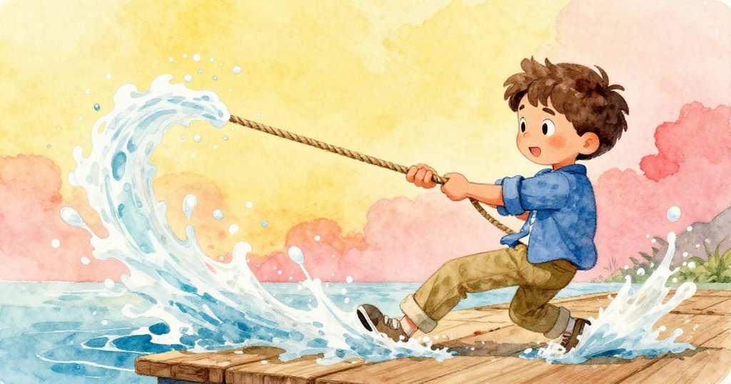 馬克在木平台上奮力拉動繩子，水花四濺，神情專注展現冒險高潮中動感十足的瞬間。