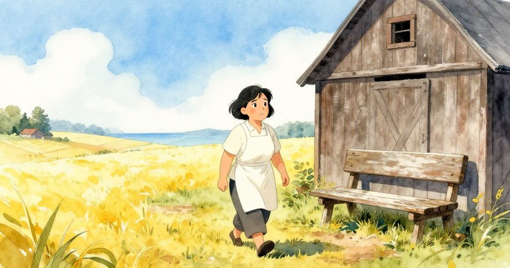 瑪塔迎著晨曦來到古老谷倉旁的庭院,懷著期待與堅定心情準備修復剝落長椅,展現溫暖農村風光。