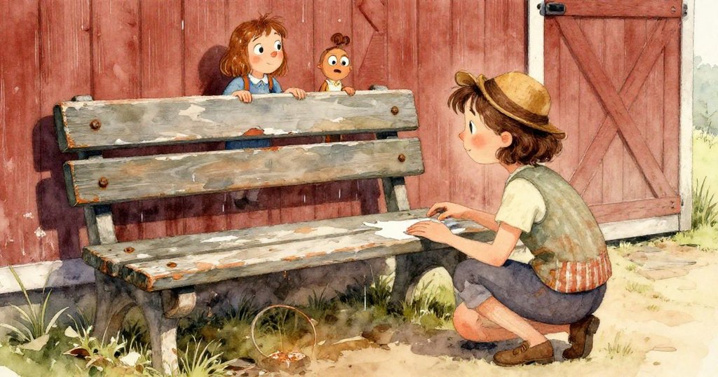 瑪塔專注用刷子沾取殘留綠漆,輕觸斑駁木板,細膩描繪歷史痕跡,充滿堅定與期待。