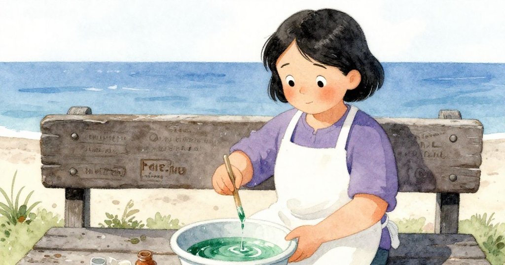 瑪塔將收集雨水與殘油漆融合,從漸變紋理中發現古老刻字,彷彿聆聽時光故事,表情充滿驚喜。