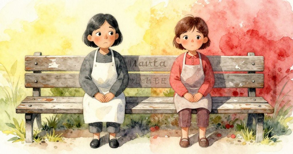 瑪塔凝視長椅上新舊痕跡交錯,彷彿看見昔日記憶流轉,神情柔和且充滿驚喜與回憶。