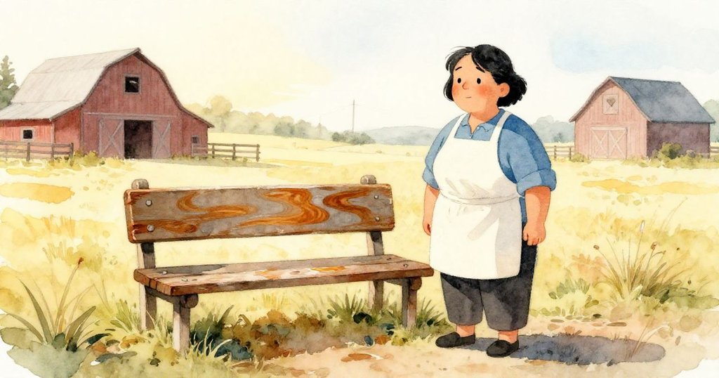 夕陽餘輝中瑪塔欣賞煥然一新的長椅,木頭上琥珀渦流蘊含歷史情懷,心中滿溢溫暖與成就感。