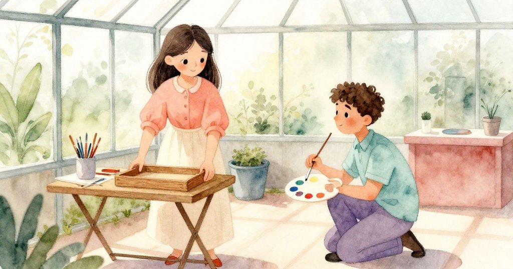 米拉小心將托盤擱在摺疊桌上，喬納斯跪著調色，兩人神情專注，溫室內充斥散亂藝術用品。