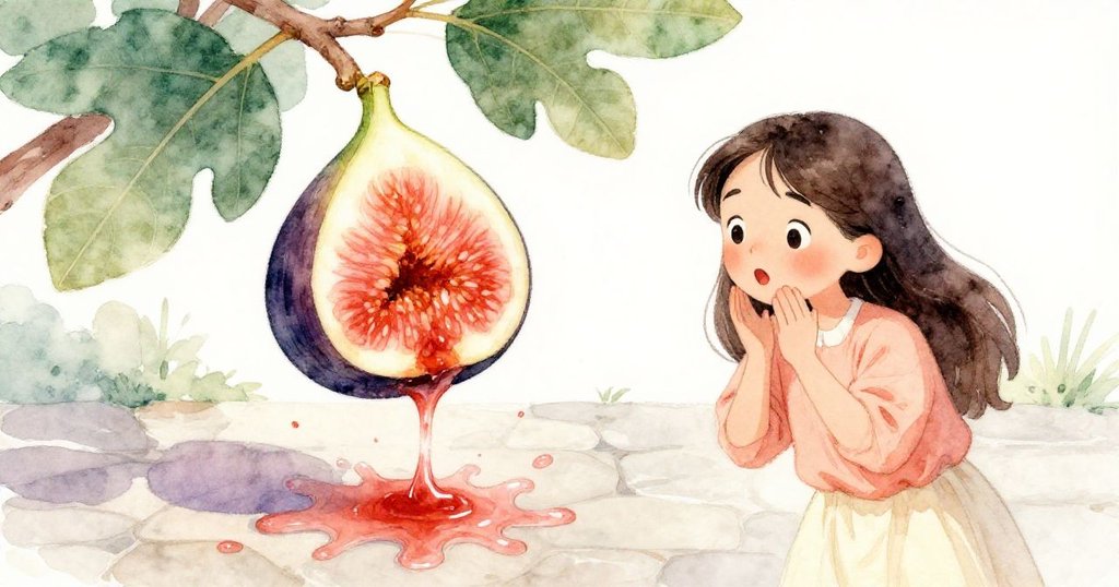 成熟無花果從樹上落下輕觸米拉肩頭，果汁灑落石板上，捕捉到驚喜與自然美麗瞬間。