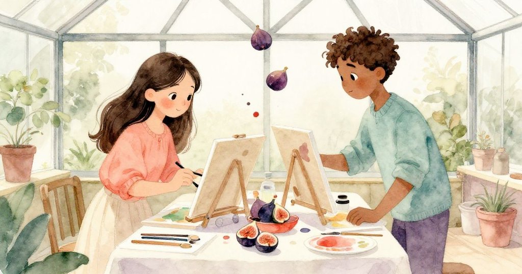 多顆無花果落下融入畫布上，米拉與喬納斯並肩工作，共同創造出充滿驚喜與溫暖的藝術拼貼。