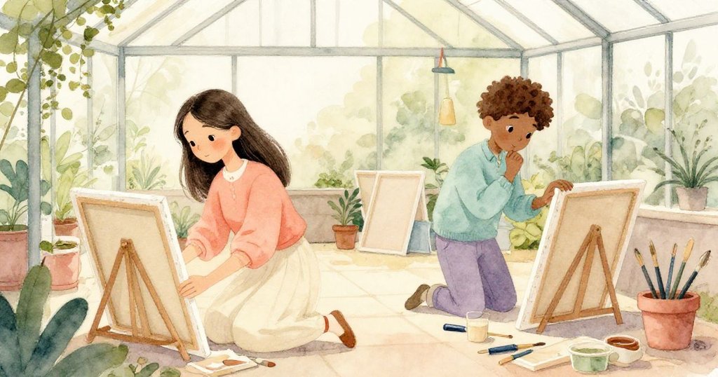 午後柔和光線中，米拉與喬納斯安置新畫布，藝術材料散落一旁，展現靜謐與創作後的安詳與和諧。