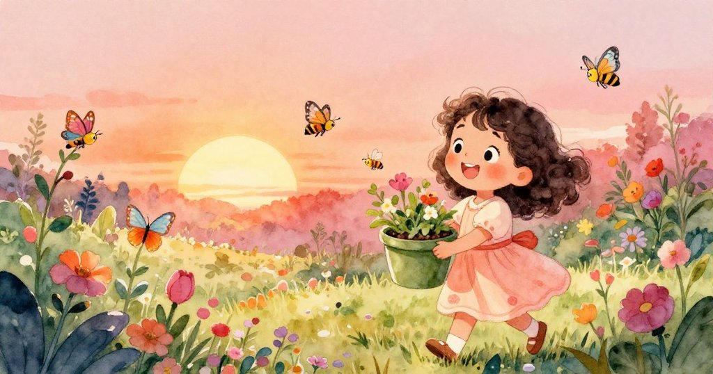 麗娜走進滿是蝴蝶和蜜蜂的花園，手持綠色花盆，陽光溫暖，充滿探索與好奇的心情