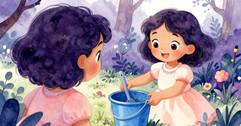 從麗娜背後視角看到她伸手取藍色水桶旁的鏟子，小心注水，花園背景充滿柔和陽光與綠意