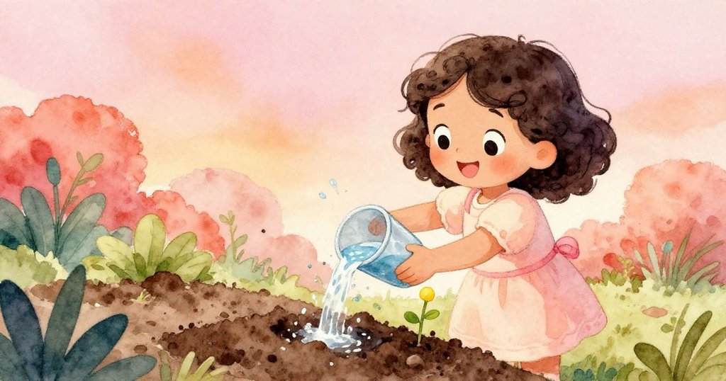 從高處俯瞰花園，麗娜正灌水於新鮮泥土中，小黃花苞悄然從土中冒出，展現生命萌動