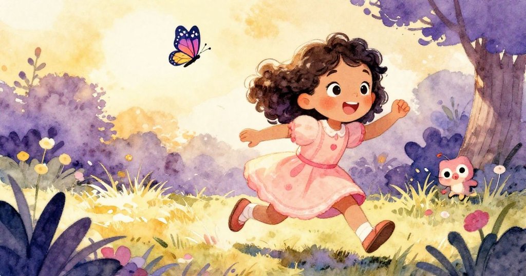 麗娜充滿活力地追逐飛舞的蝴蝶，動感花園中陽光炫目，展現追逐自然樂趣的情景