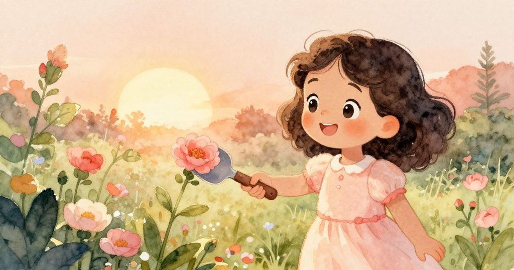 麗娜溫柔地放下鏟子，微笑著欣賞盛開的花朵，花園靜謐而美好，充滿平和與感恩之情