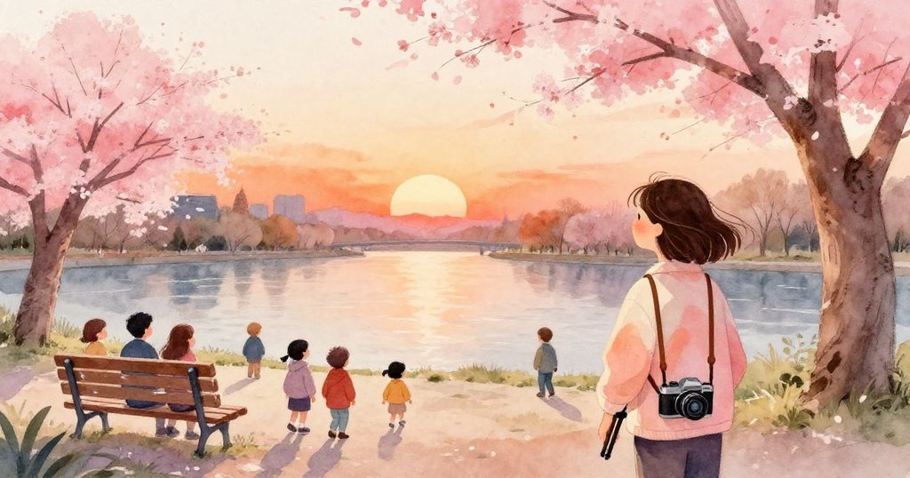 瑪拉清晨走入古老河邊公園，肩上背著三腳架，充滿初綻櫻花與人群，展現開端的期待與希望。