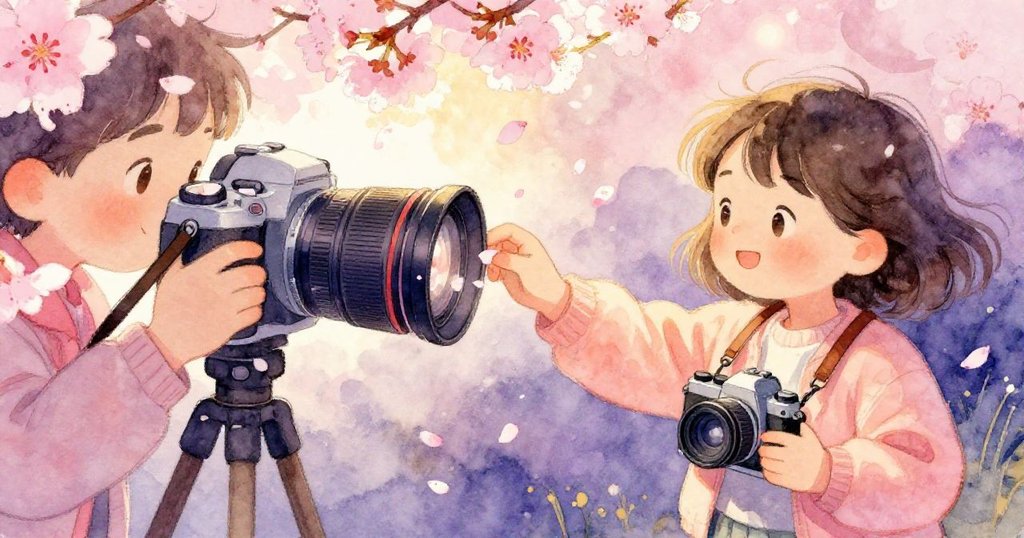 瑪拉專注輕拂相機鏡頭上落下的櫻花花瓣，雙手細膩動作，展現等待中與自然的親密互動。