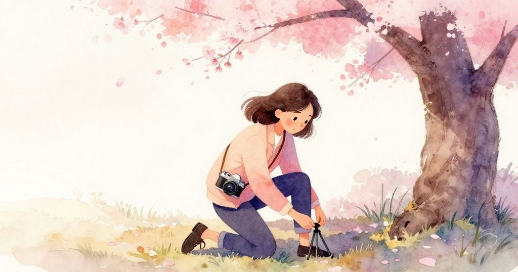 瑪拉蹲下調整卡住的三腳架腿，專注中帶著微笑，鏡頭捕捉到樹下醒目的櫻花與晨光。