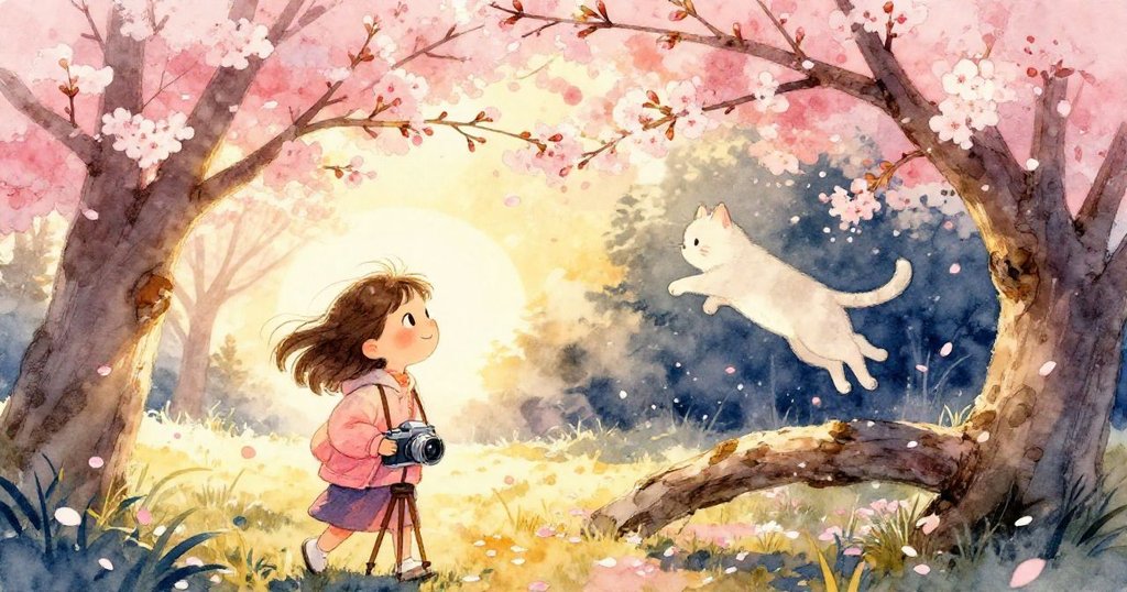 在樹枝間形成清晰通道與新芽初綻時，淺色貓跳上低樹幹散落櫻花花瓣，創造出一刻神奇動態。