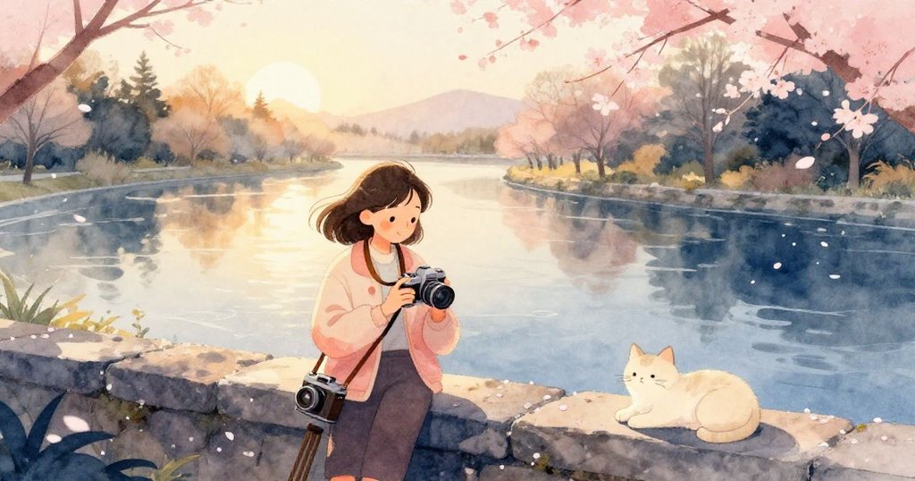 瑪拉收拾相機離開古老公園，貓兒靜坐石臺旁，櫻花瓣散落地面，營造出從開始到結束的溫馨寧靜。