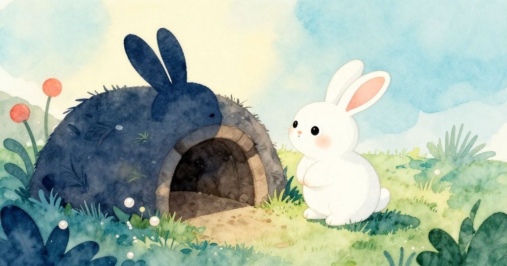 小兔在晨光映照的樹林空地上以剪影現身，靠近洞穴，動作輕柔充滿期待與希望。