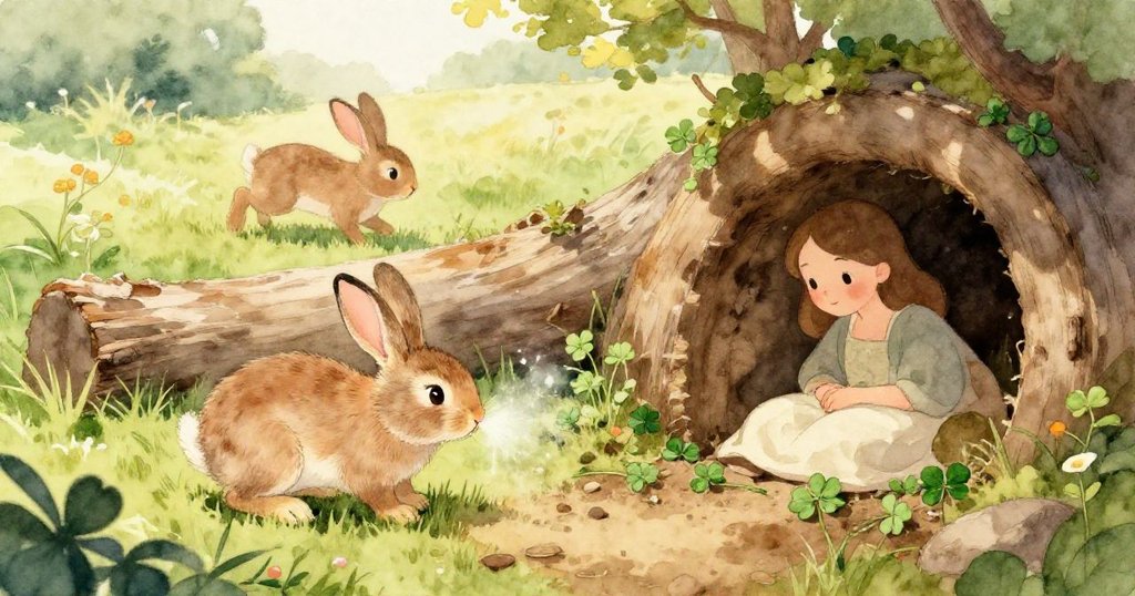 小兔迅速用前爪推動粗壯樹枝，毛茸茸的爪印與樹皮細節明顯，展現專注與活力。