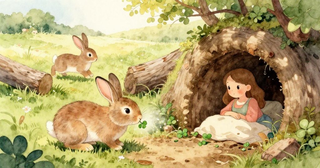 透過倒木縫隙看見樹枝滾撞石頭，橡果落下觸動機關，小鹿悄然現身，充滿神秘與驚奇。