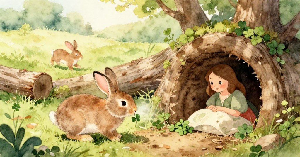 小鹿輕輕按壓樹枝形成天然橋，橫跨細流，營造新奇空間，場景明亮充滿探索與欣喜。