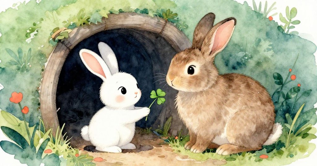 小兔帶著新鮮苜蓿回到洞口，與媽媽兔親密互動，動作溫柔傳達愛意，場面溫馨幸福。