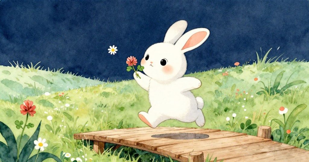 小兔快樂跳過木橋，沿著流動的溪水奔向廣闊草地，一邊啃食苜蓿，展現自由與活力。