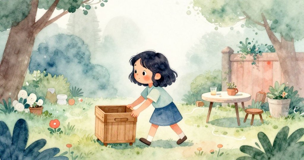 Maya推著木盒走向院子中的小桌子，晨霧中散發柔和光線，她臉上滿是期待與溫暖，背景寧靜有自然氣息。