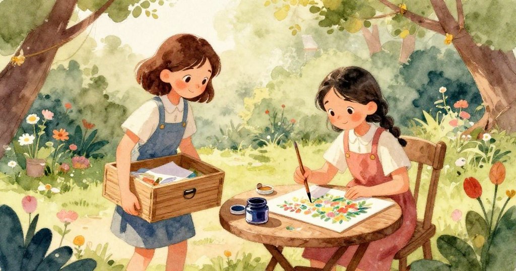 Maya的手輕放紙張、筆刷與墨水瓶於小桌上，其細膩動作與物件質感映出準備創作的專注與用心。