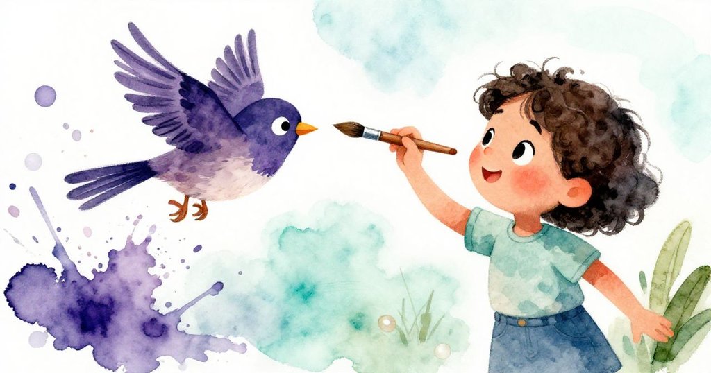 墨汁濺中小麻雀展翅飛起，Maya的筆刷隨風飛揚，整個庭院充滿動感與活力，展現意外美麗的畫面。