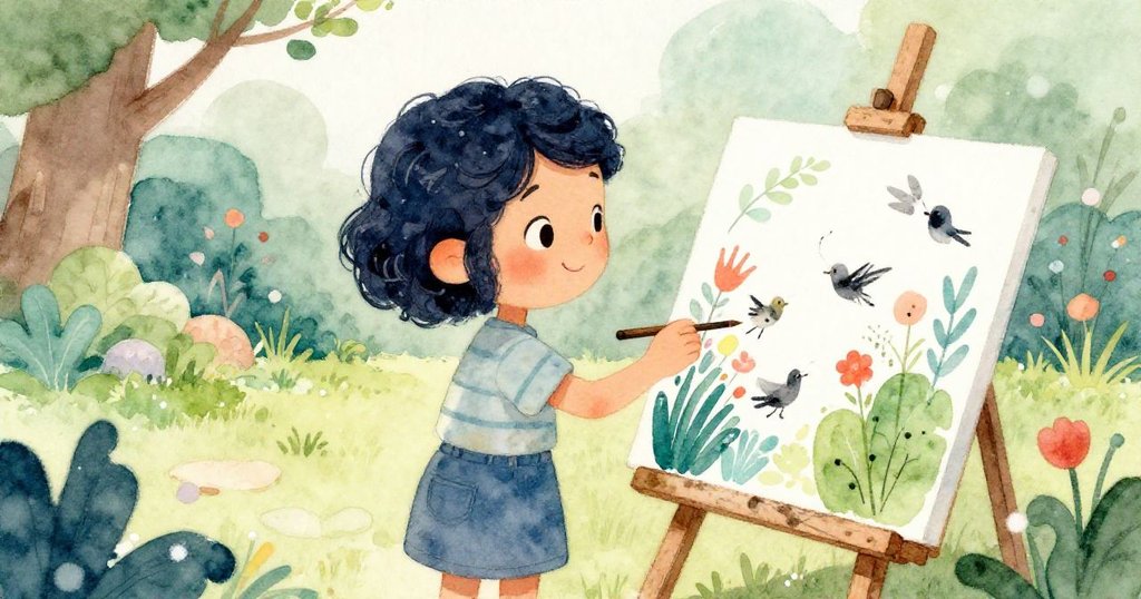 Maya在溫暖庭院中滿足微笑著欣賞完成畫作，畫中融合花園柔美與鳥兒墨線，營造出舒心而藝術的結局。