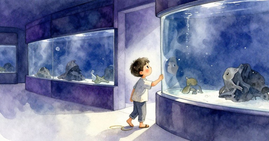 米羅在晨霧中的水族館入口輕快入場，鬆脫的涼鞋帶隨腳步回響，表情充滿期待與冒險心。