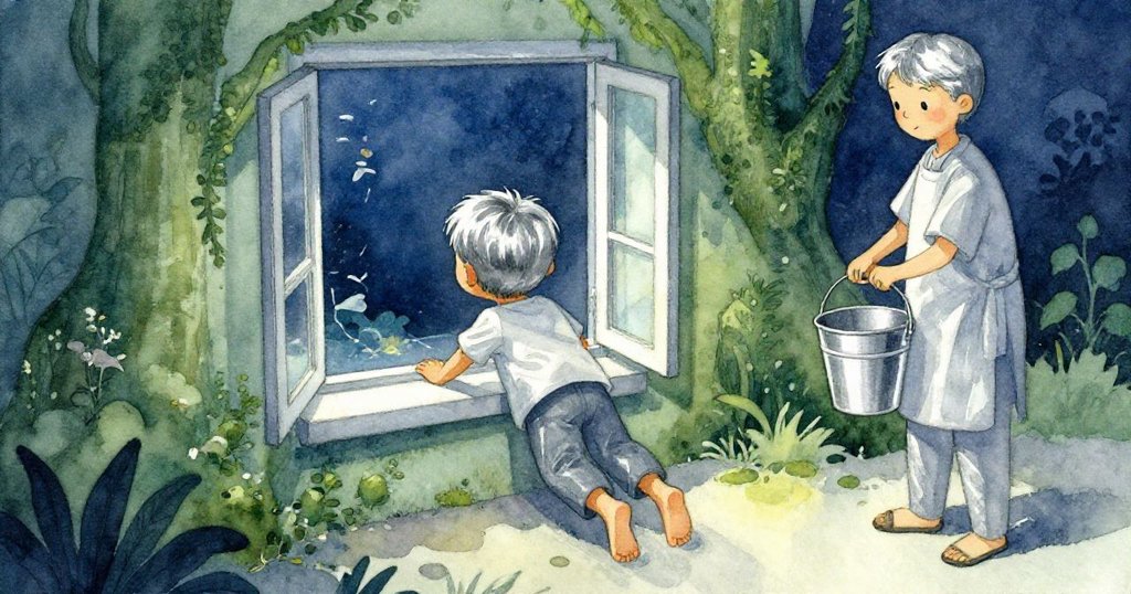 從背後視角看米羅滑向窗邊，他赤足輕移，守護員稍退露出飼育石，氣氛緊張而期待。