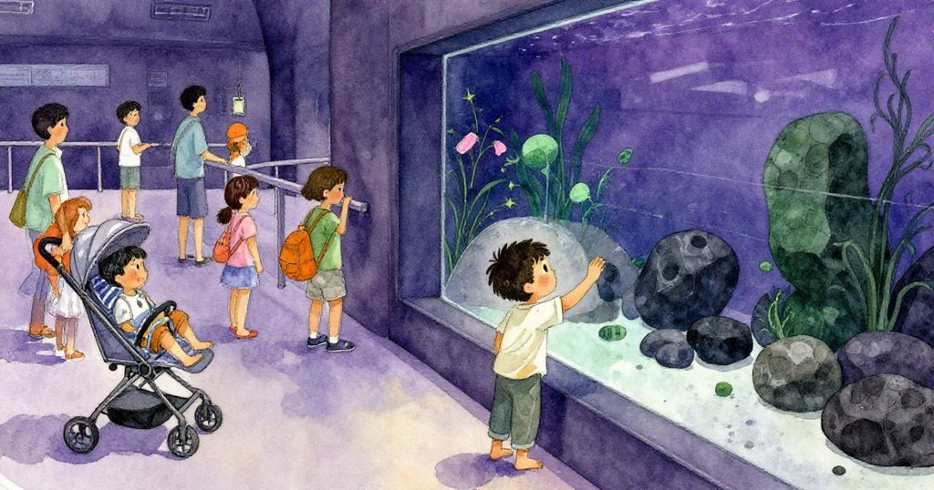水族館內景轉換，家庭和推車聚集在欄杆旁，米羅遠觀飼育石，背景光影溫柔呈時間流動。