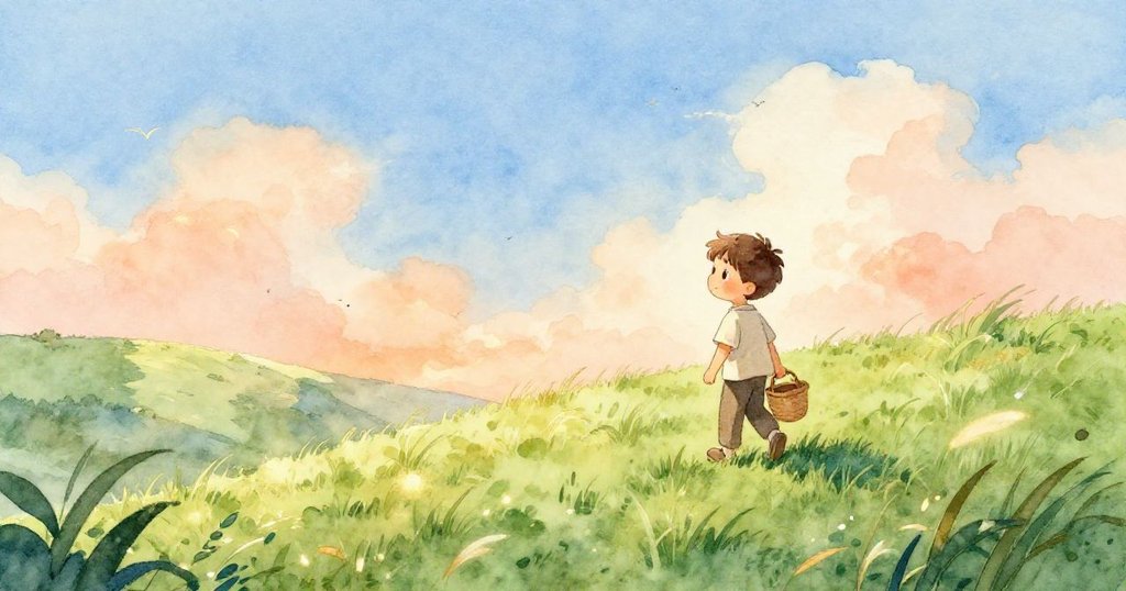 班帶著小籃子沿著草地走向綠色小山，天空湛藍，環境寧靜，展現出探索前的平靜及期待。
