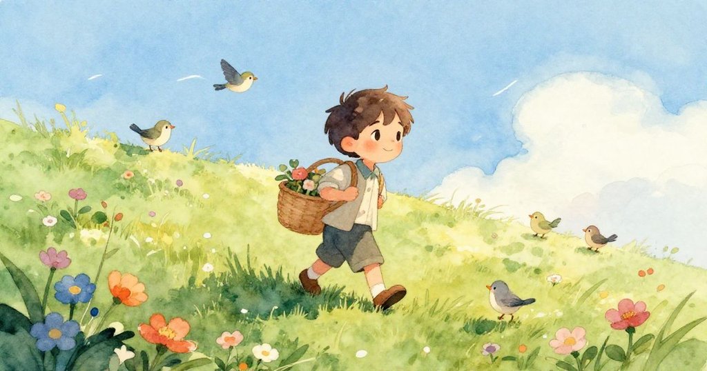 班沿著鮮花點綴的草地前行，腳步輕快，小鳥在他周圍跳躍，場景充滿了生動的自然氣息。