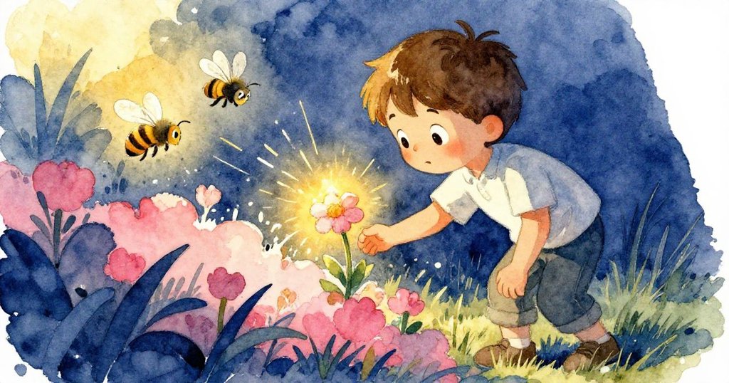 班彎腰欲摘一朵獨特的花朵，突然一隻嗡嗡飛舞的蜜蜂降臨，他驚訝後退，畫面充滿活力與意外。